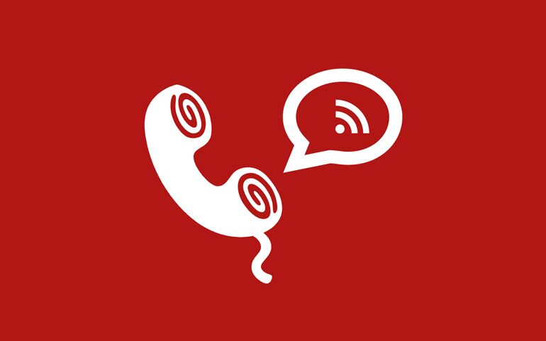 Telefonhörer-Symbol mit Sprechblase auf rotem Hintergrund, ideal zum Reservieren von Medikamenten.