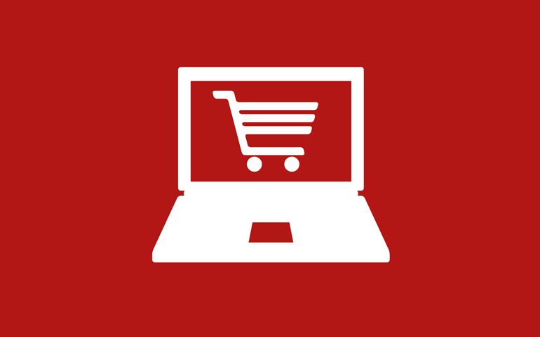 Weiße Laptop-Illustration mit Einkaufswagen-Symbol auf rotem Hintergrund. Zum Webshop.