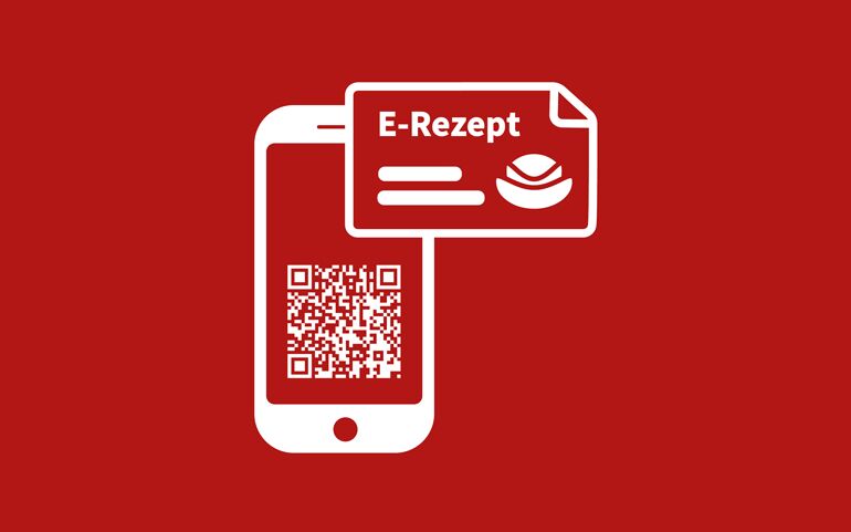 Smartphone mit QR-Code und E-Rezept-Icon auf rotem Hintergrund, symbolisiert das Einlösen von eRezepten.